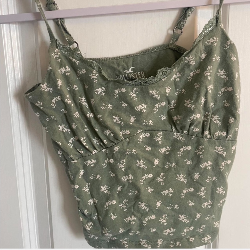 Hollister Olive Green Floral Lace Trim Cami Top